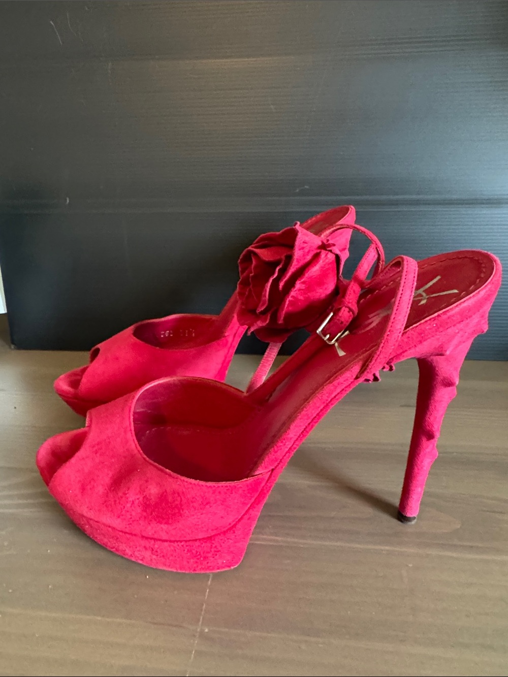 Saint Laurent Red Suede Peep-Toe Stiletto Sandals with Rosette - Picture 2 of 12